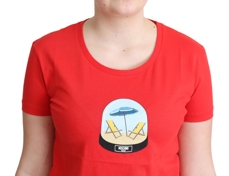 Top, chemisier, t-shirt à manches courtes en coton imprimé rouge Moschino