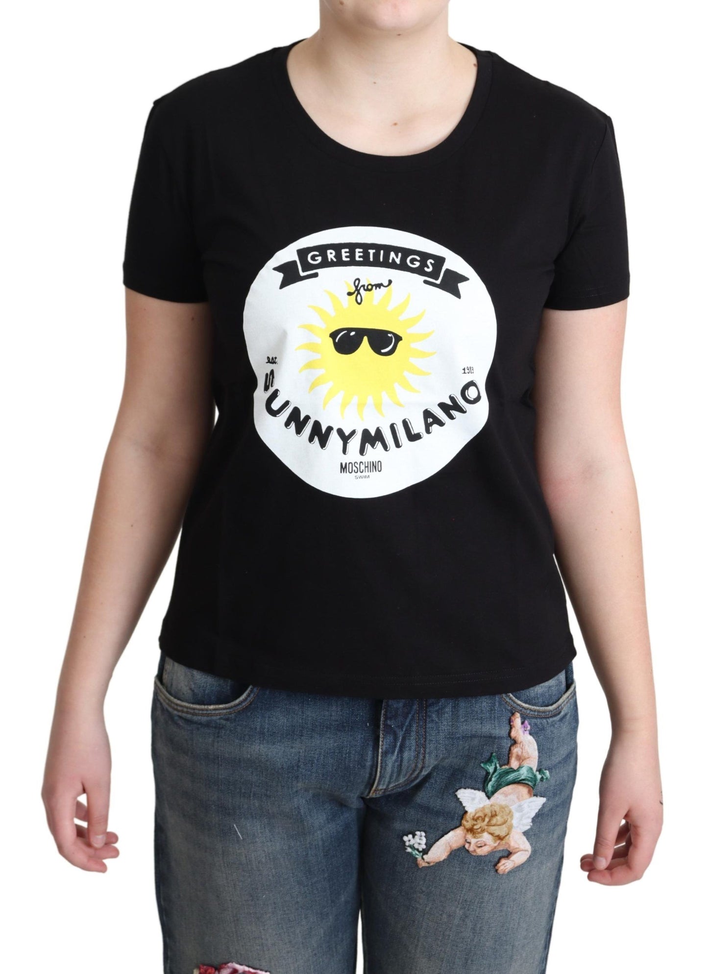 T-shirt noir en coton Moschino avec imprimé Sunny Milano