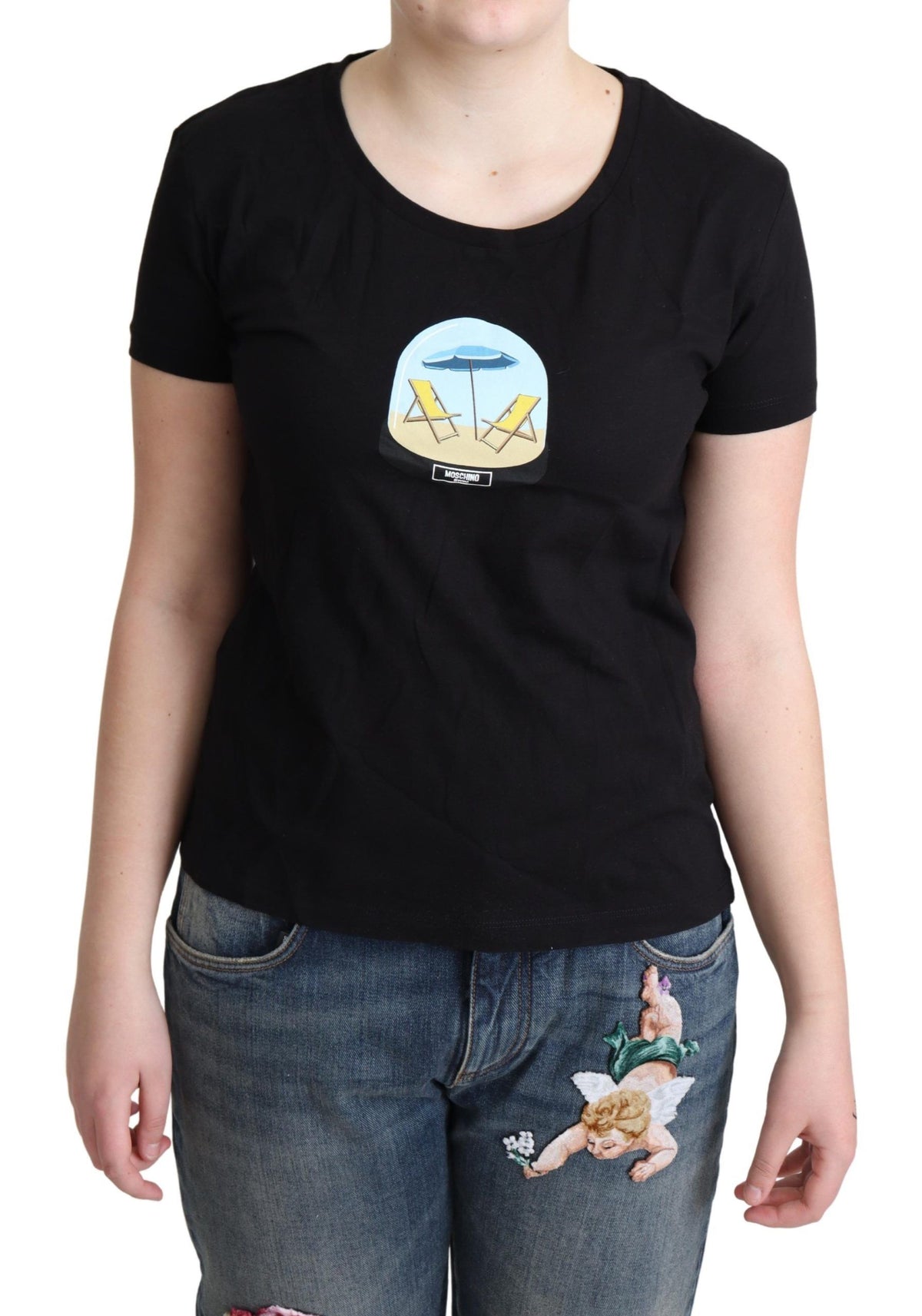 T-shirt à manches courtes en coton noir imprimé Moschino