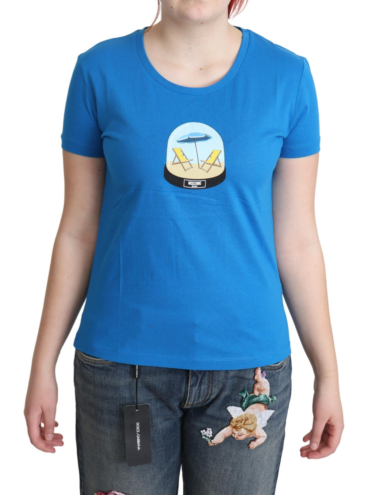 T-shirt Moschino en coton à manches courtes, bleu, imprimé.