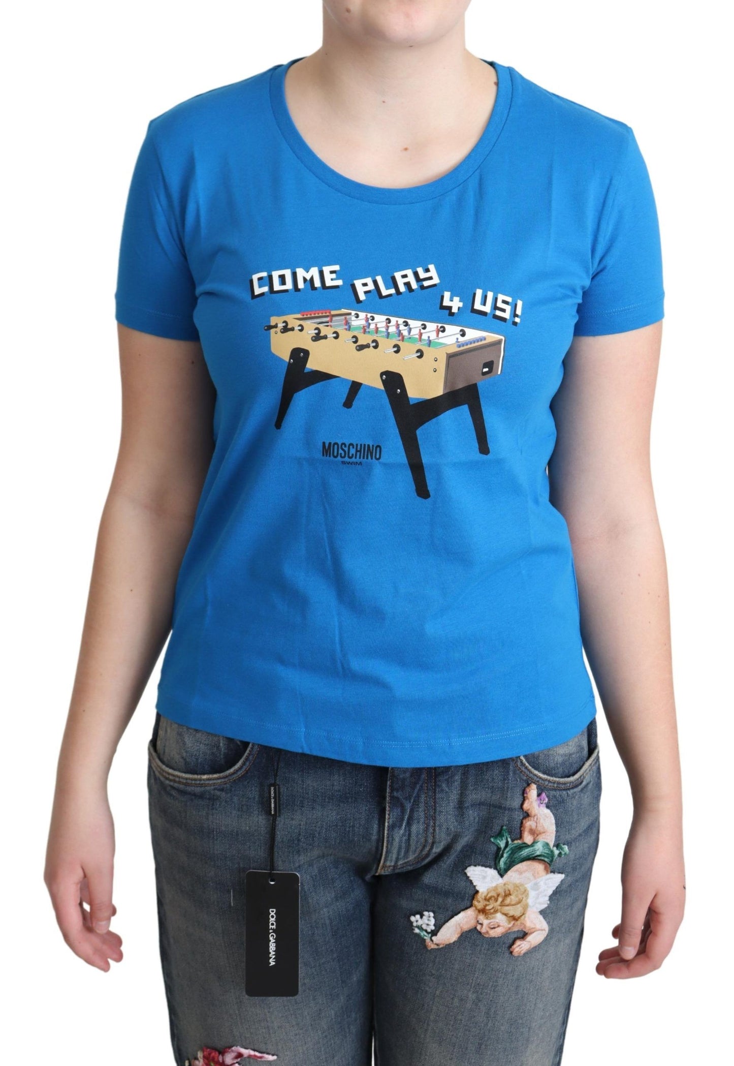 T-shirt Moschino bleu en coton avec imprimé "Come Play 4 Us"