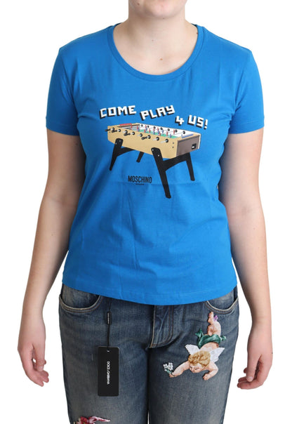 T-shirt Moschino bleu en coton avec imprimé "Come Play 4 Us"