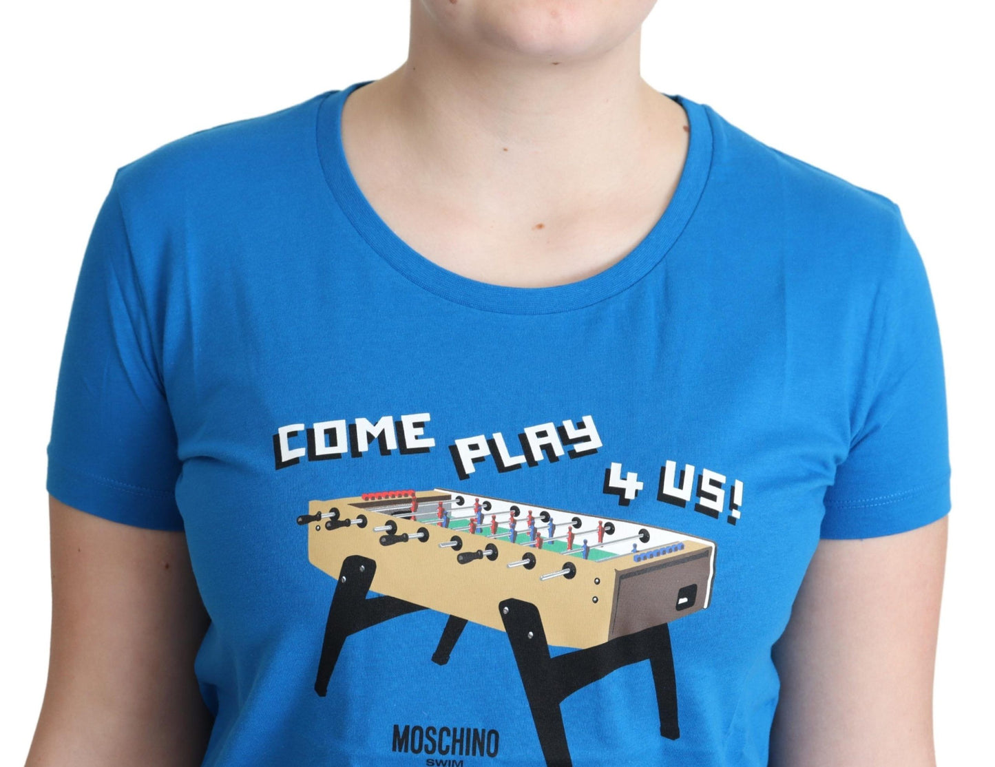 T-shirt Moschino bleu en coton avec imprimé "Come Play 4 Us"