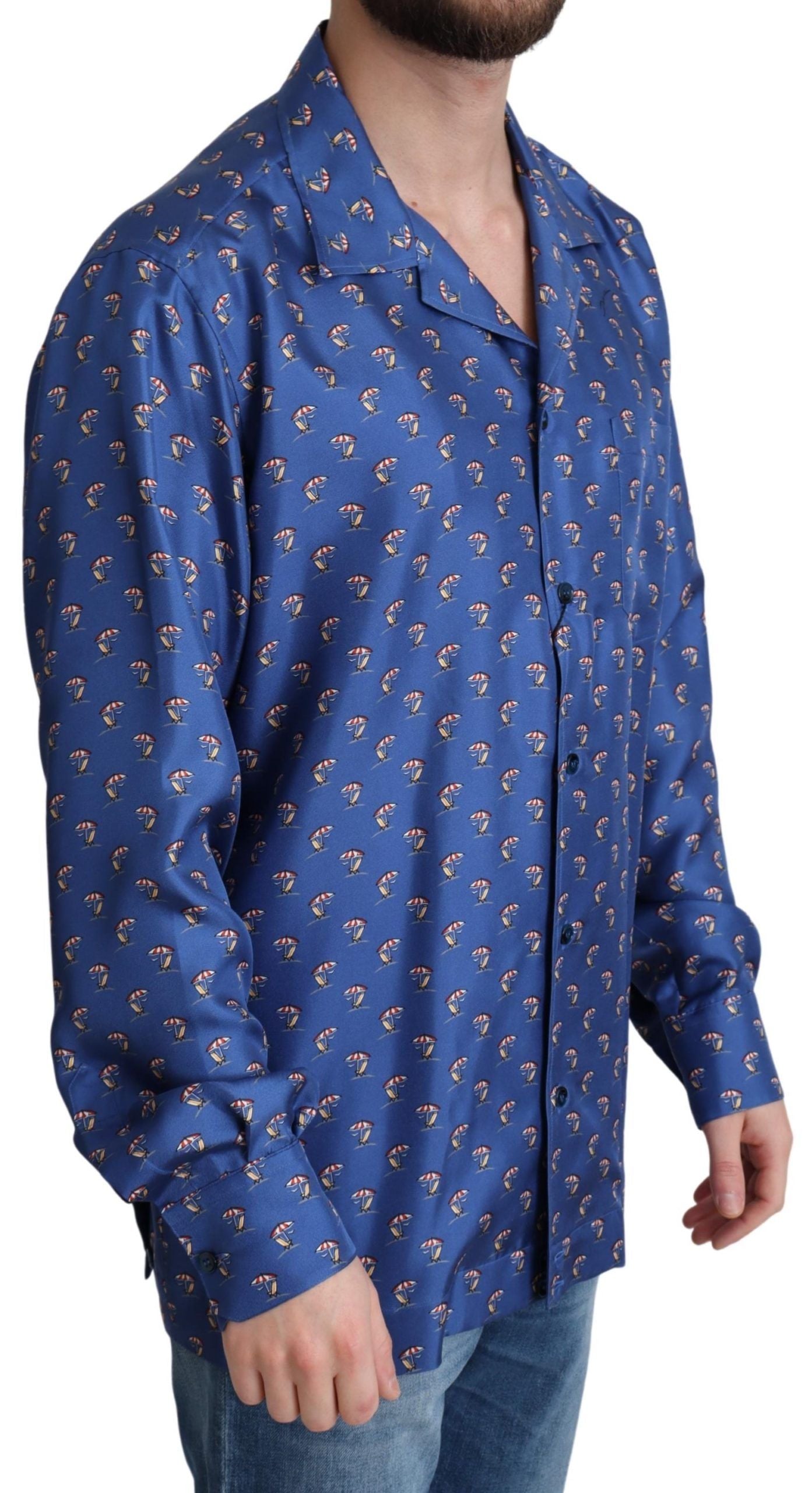 Chemise en soie Dolce &amp; Gabbana à imprimé parasol de chaise de plage bleue