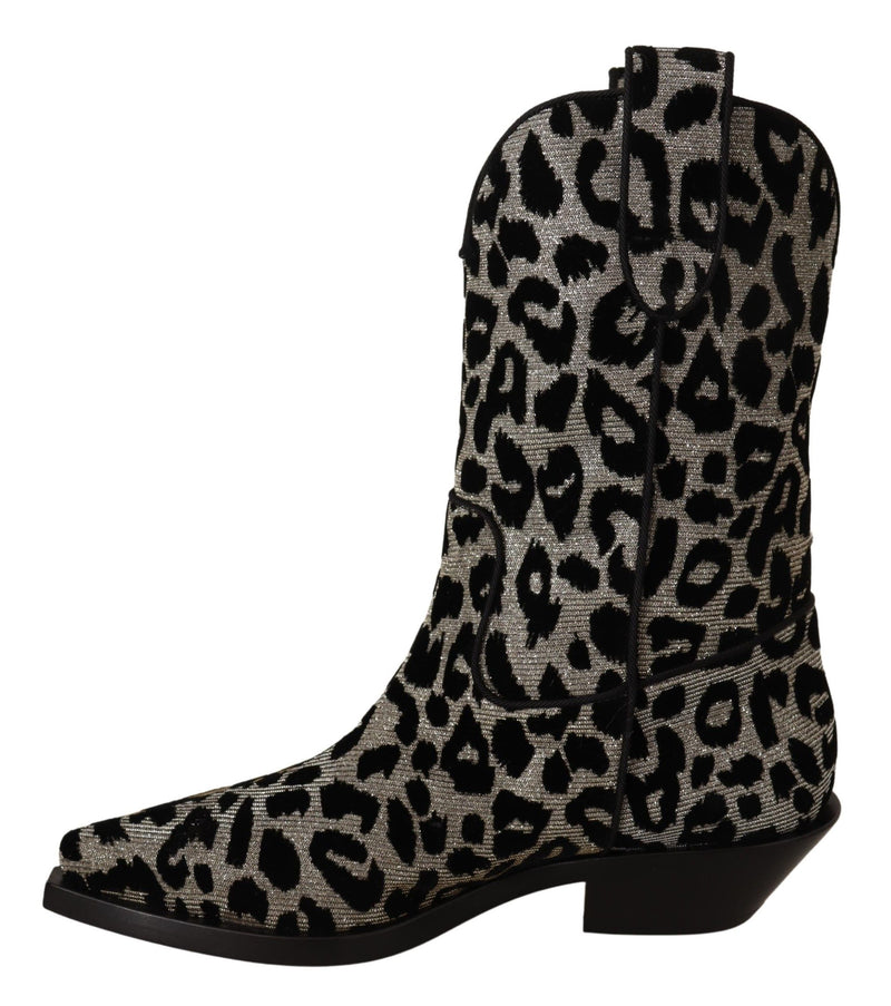 Bottes de cowboy Dolce &amp; Gabbana grises et noires à motif léopard