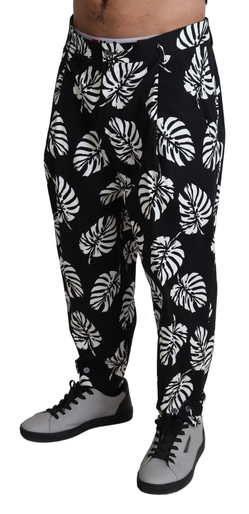 Dolce &amp; Gabbana Black Leaf Katoenen Stretch Broek Broek