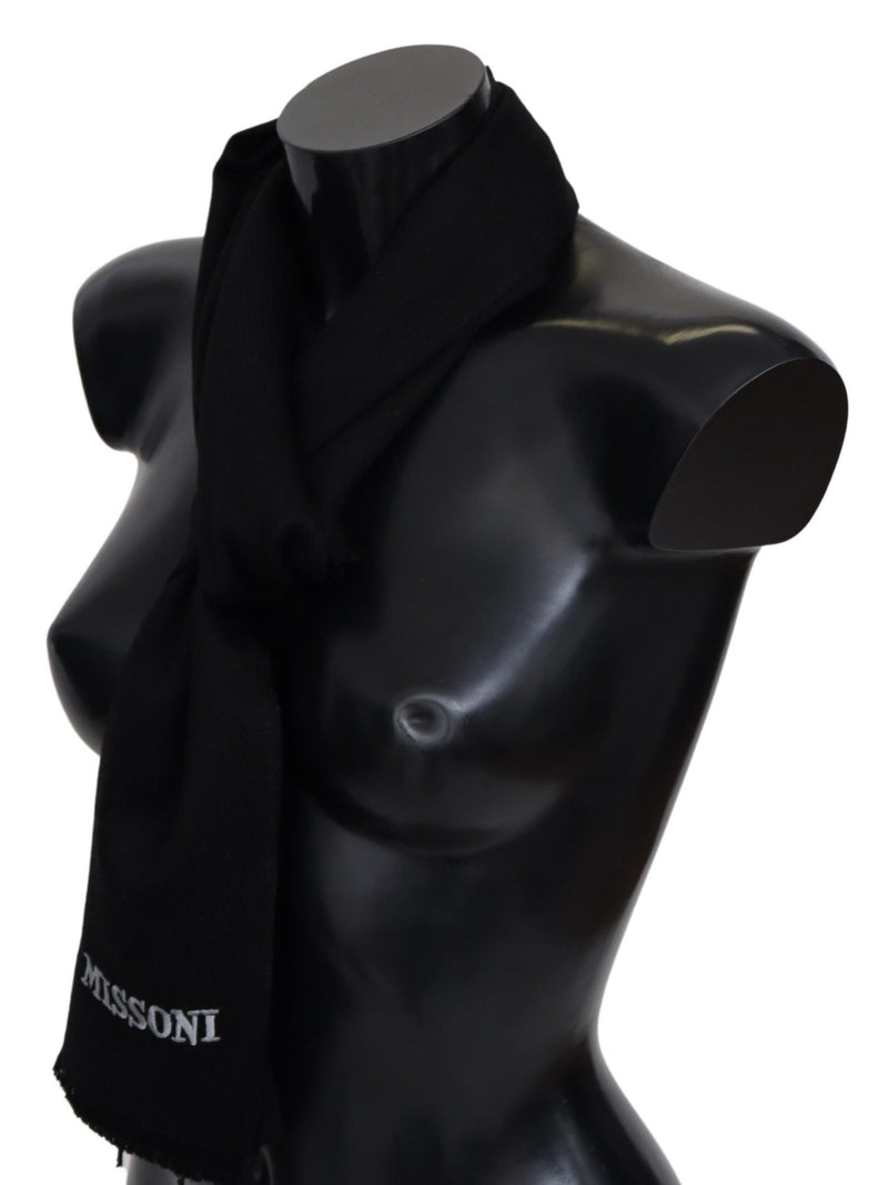 Missoni Zwarte 100% wollen unisex nekwikkelsjaal met franjes en logo