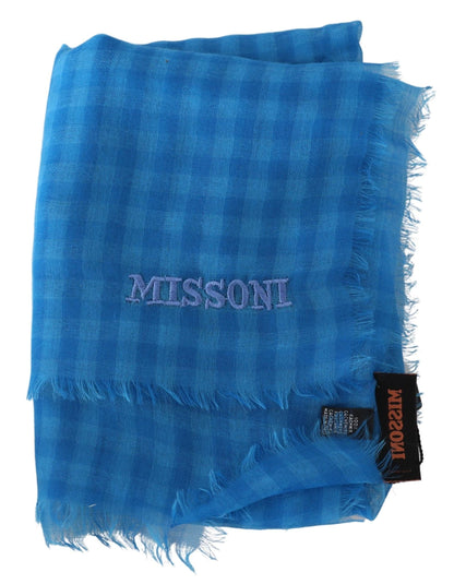Missoni Blauwe Geruite Kasjmier Unisex Wikkel Sjaal met Franjes