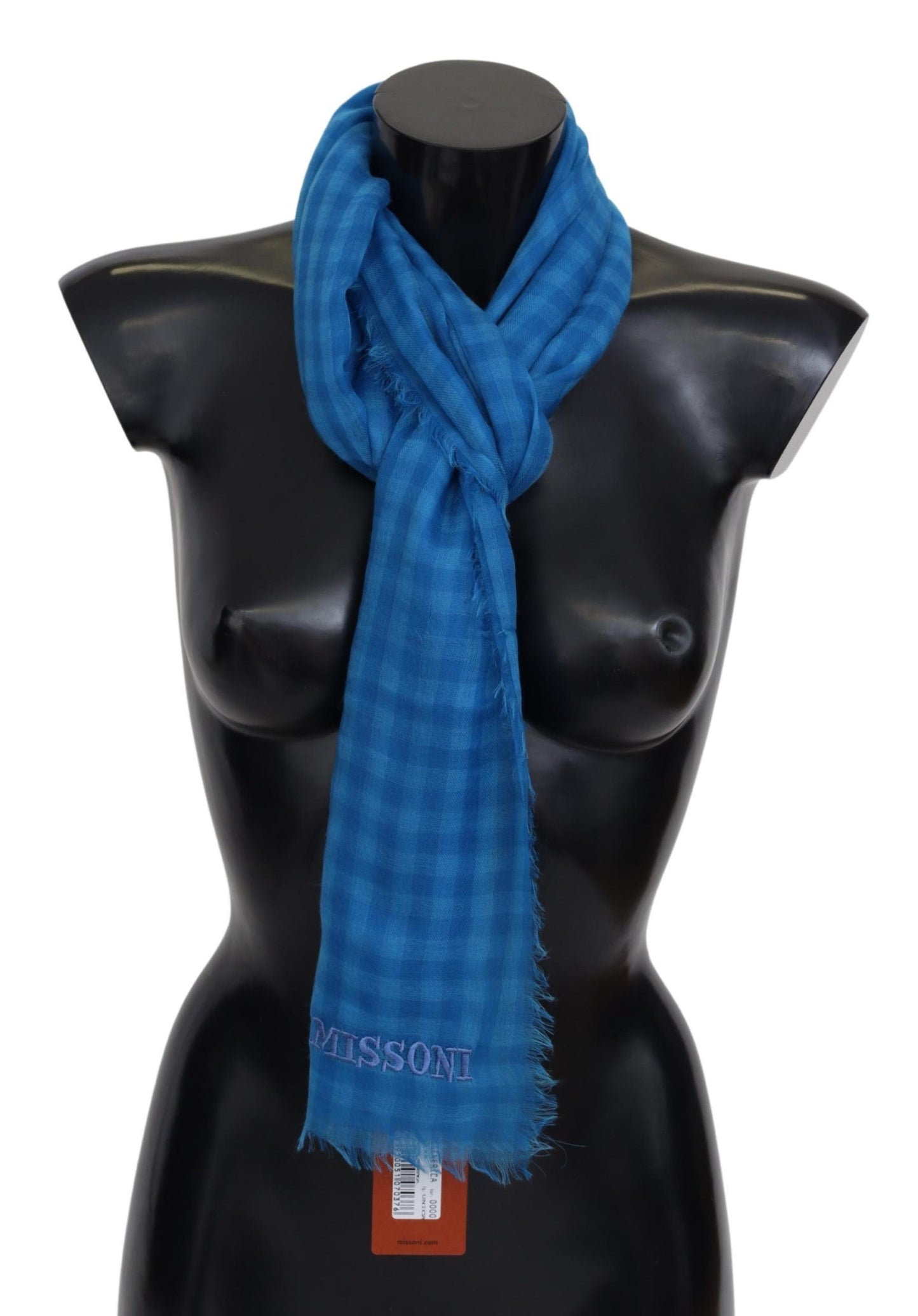Missoni Blauwe Geruite Kasjmier Unisex Wikkel Sjaal met Franjes