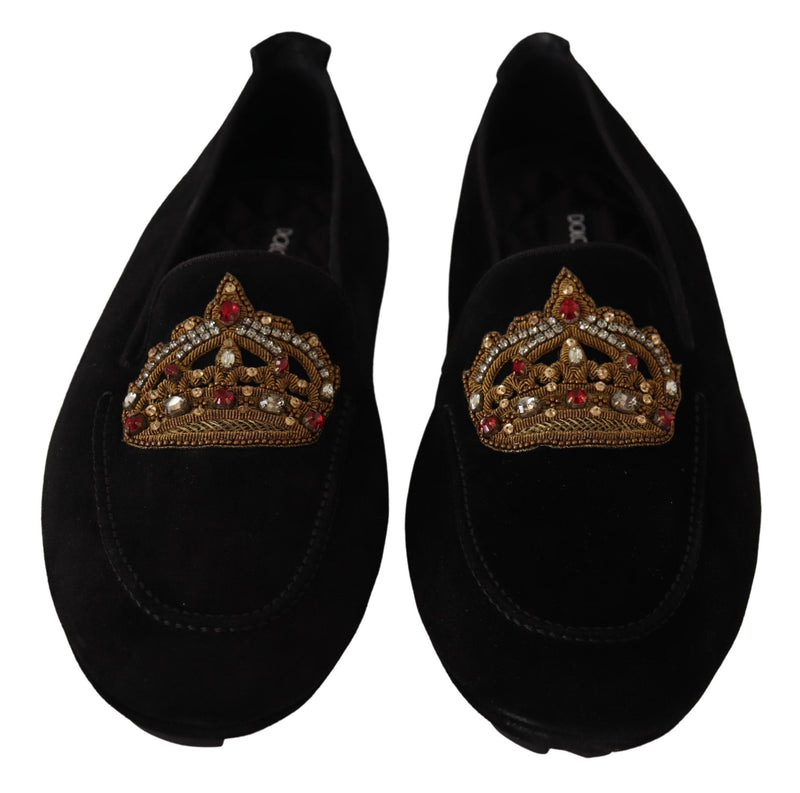 Mocassins Dolce &amp; Gabbana en cuir noir avec couronne dorée et cristal