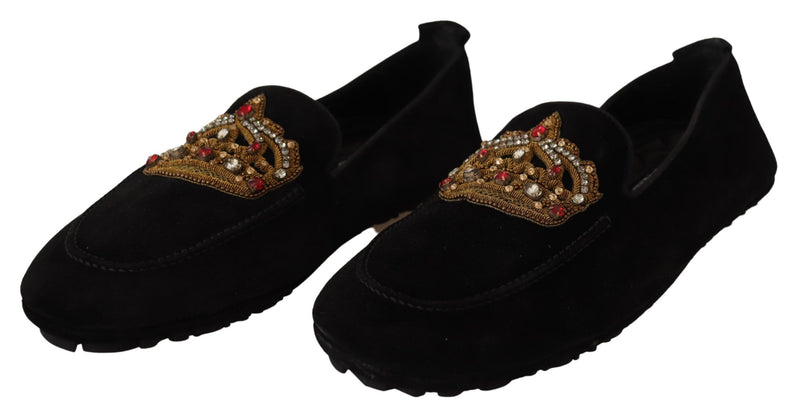 Mocassins Dolce &amp; Gabbana en cuir noir avec couronne dorée et cristal