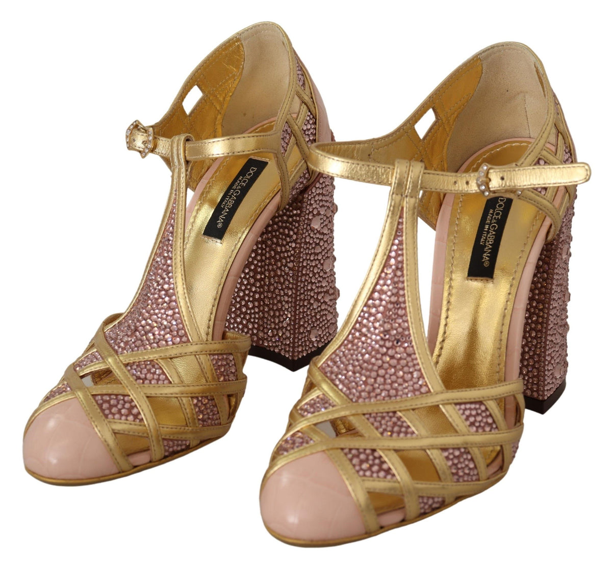 Escarpins Dolce &amp; Gabbana en cuir rose doré et cristaux, à bride en T