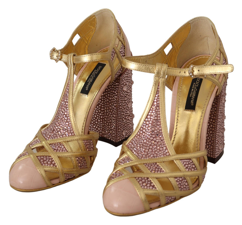 Escarpins Dolce &amp; Gabbana en cuir rose doré et cristaux, à bride en T