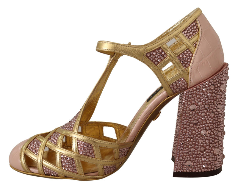 Escarpins Dolce &amp; Gabbana en cuir rose doré et cristaux, à bride en T