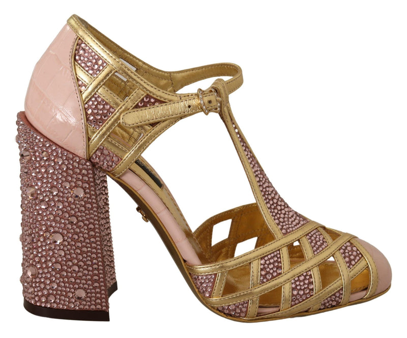Escarpins Dolce &amp; Gabbana en cuir rose doré et cristaux, à bride en T