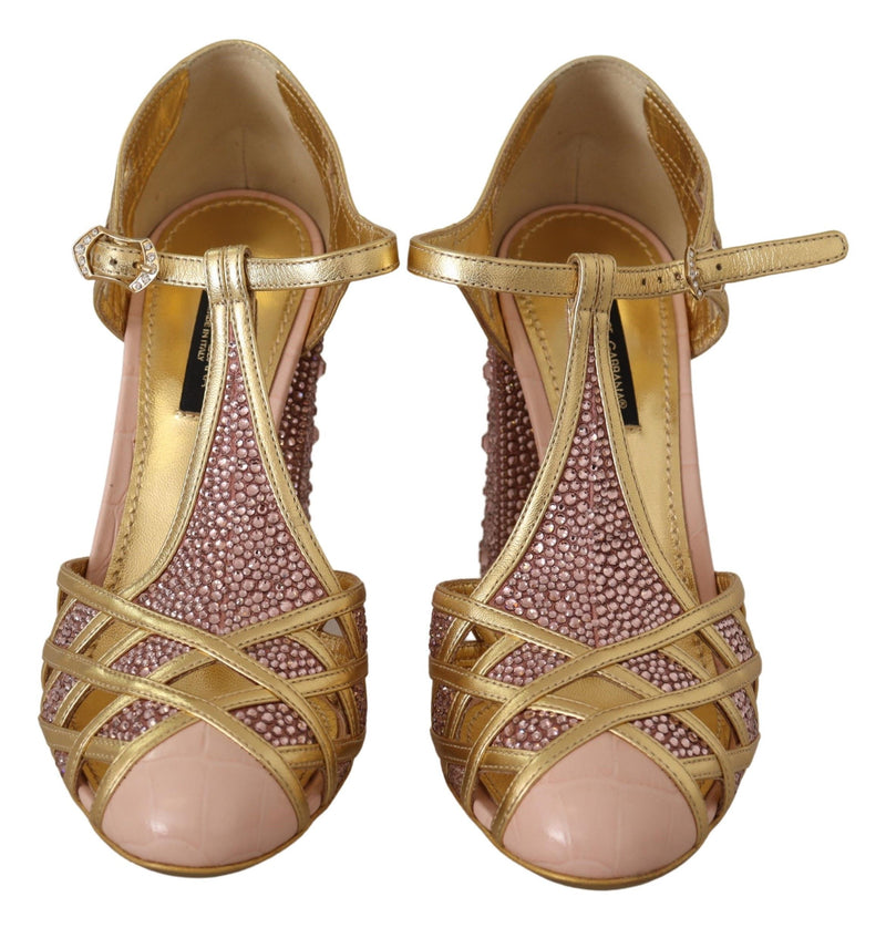 Escarpins Dolce &amp; Gabbana en cuir rose doré et cristaux, à bride en T