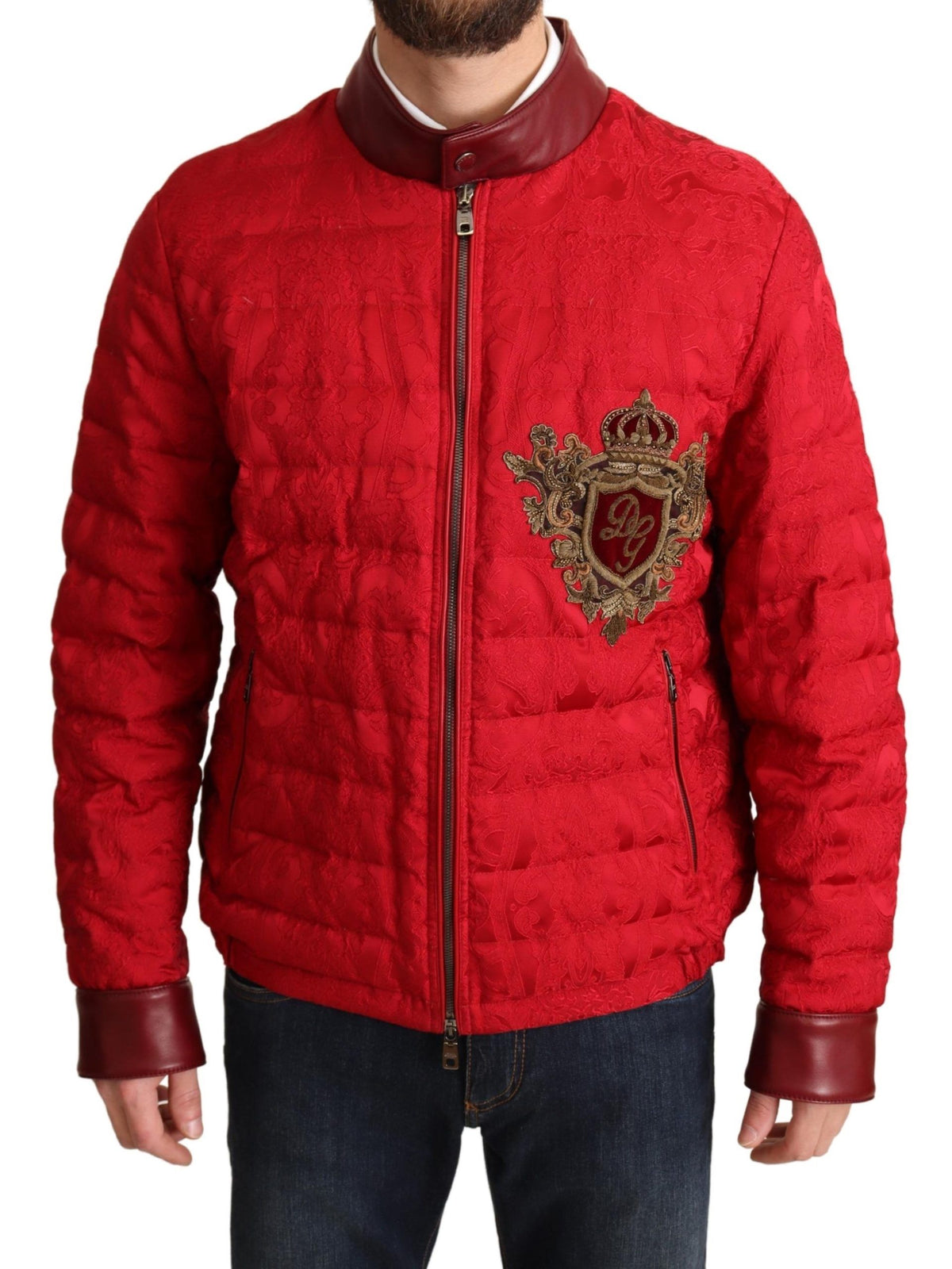 Dolce & Gabbana Manteau bomber en brocart rouge avec logo couronne dorée