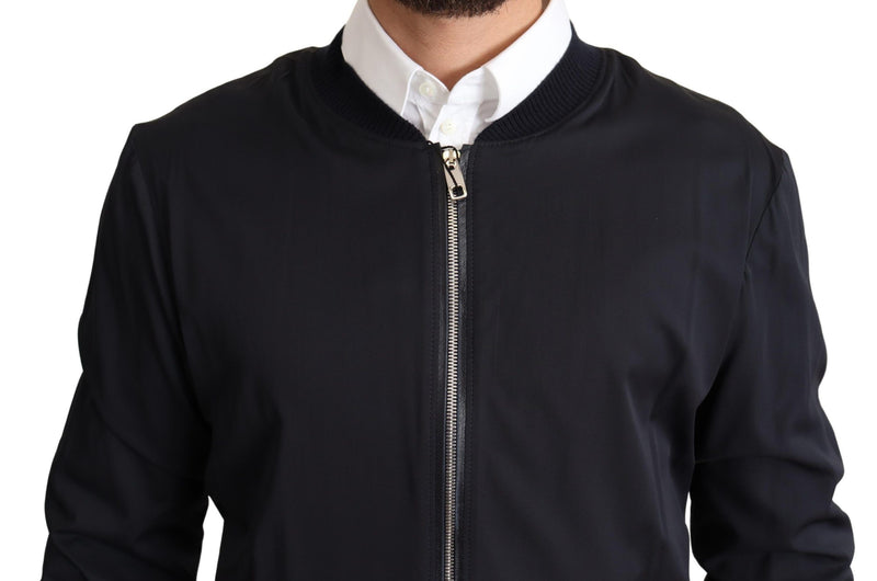 Dolce & Gabbana Blue Silk Coat Short Bomber Men Jacket