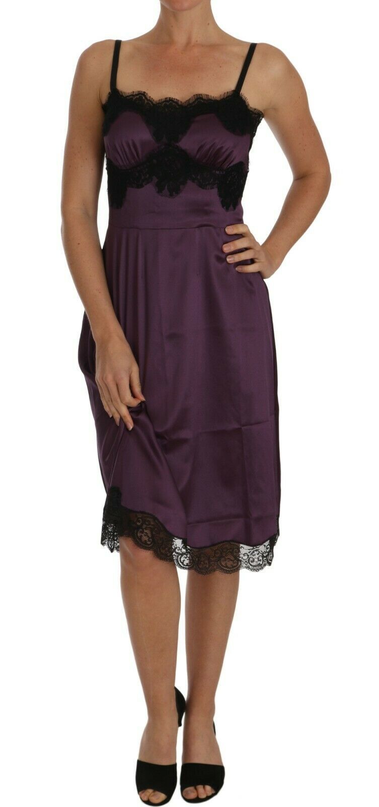 Robe trapèze en dentelle noire extensible en soie violette de Dolce &amp; Gabbana