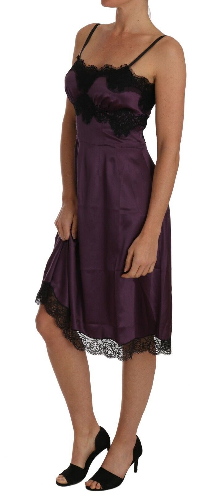 Robe trapèze en dentelle noire extensible en soie violette de Dolce &amp; Gabbana