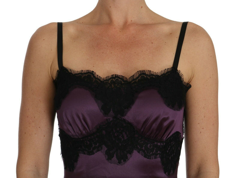 Robe trapèze en dentelle noire extensible en soie violette de Dolce &amp; Gabbana