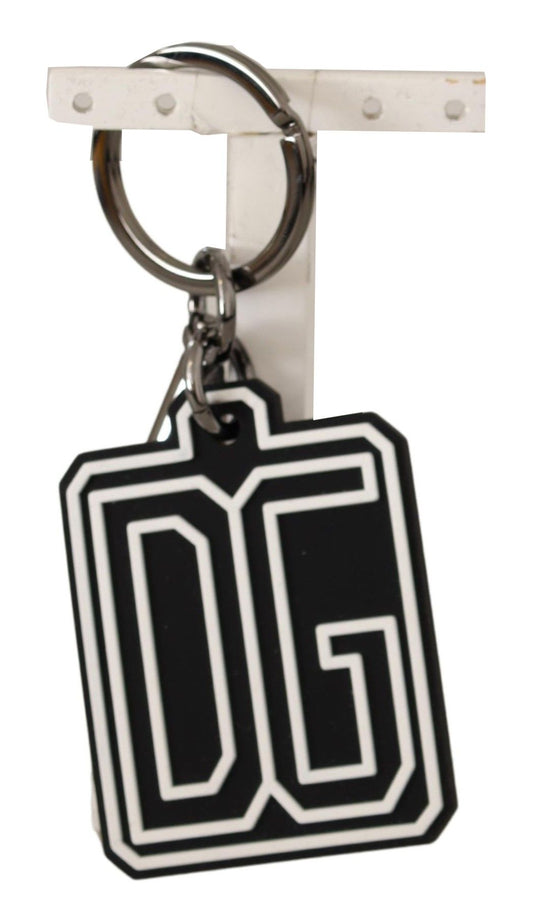 Porte-clés Dolce & Gabbana avec anneau argenté et logo DG en caoutchouc noir et blanc
