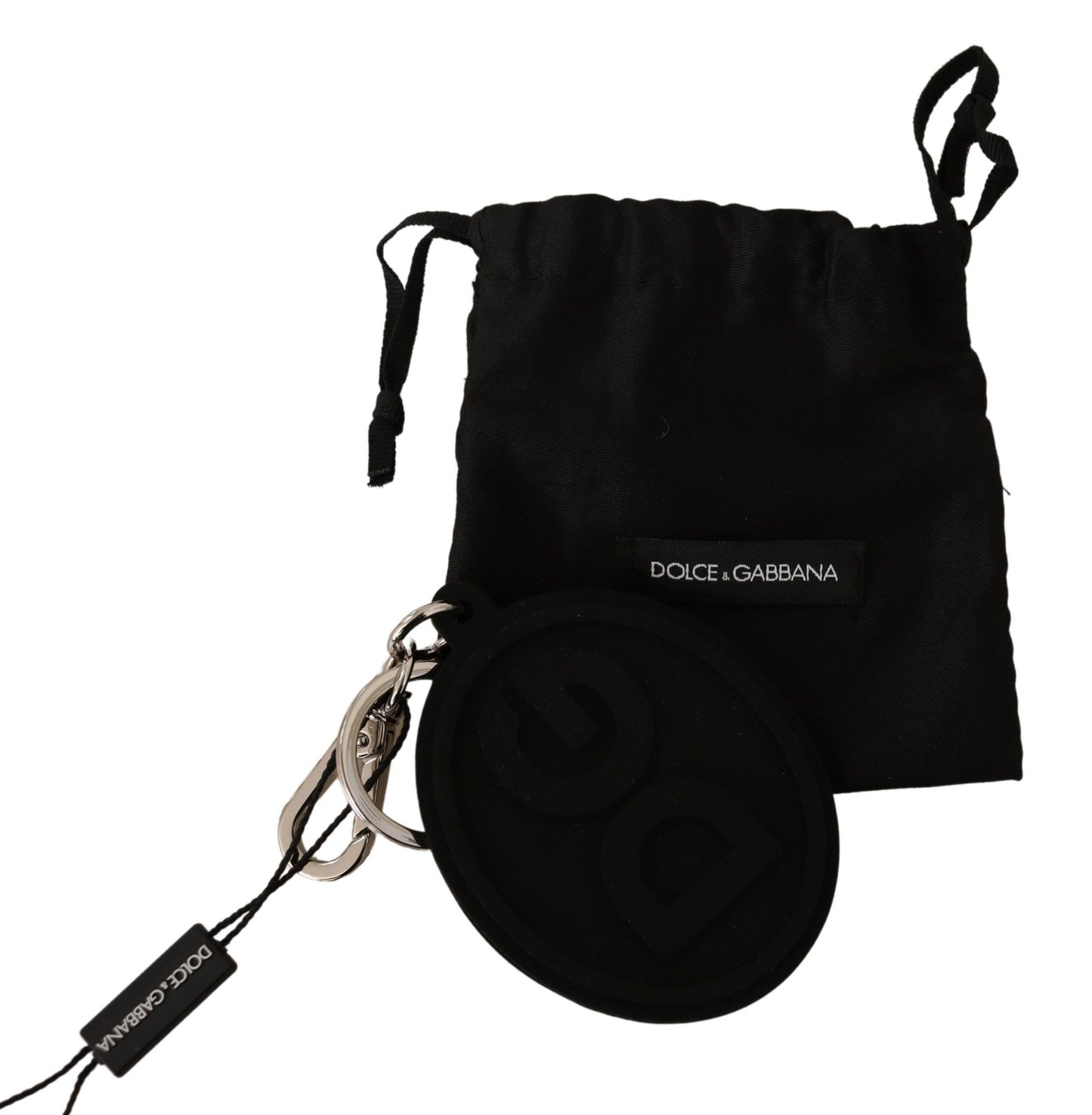 Dolce &amp; Gabbana zwarte rubberen DG-logo zilveren messing metalen sleutelhanger