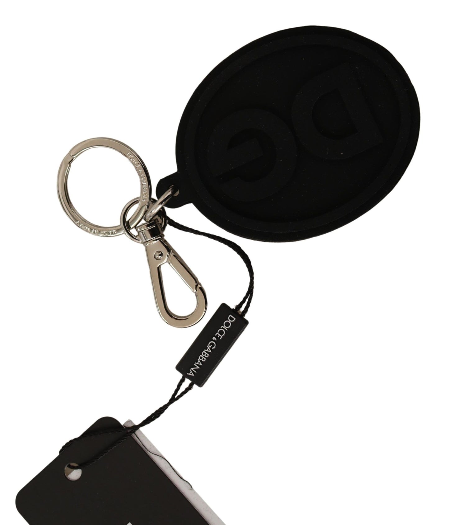 Dolce &amp; Gabbana zwarte rubberen DG-logo zilveren messing metalen sleutelhanger