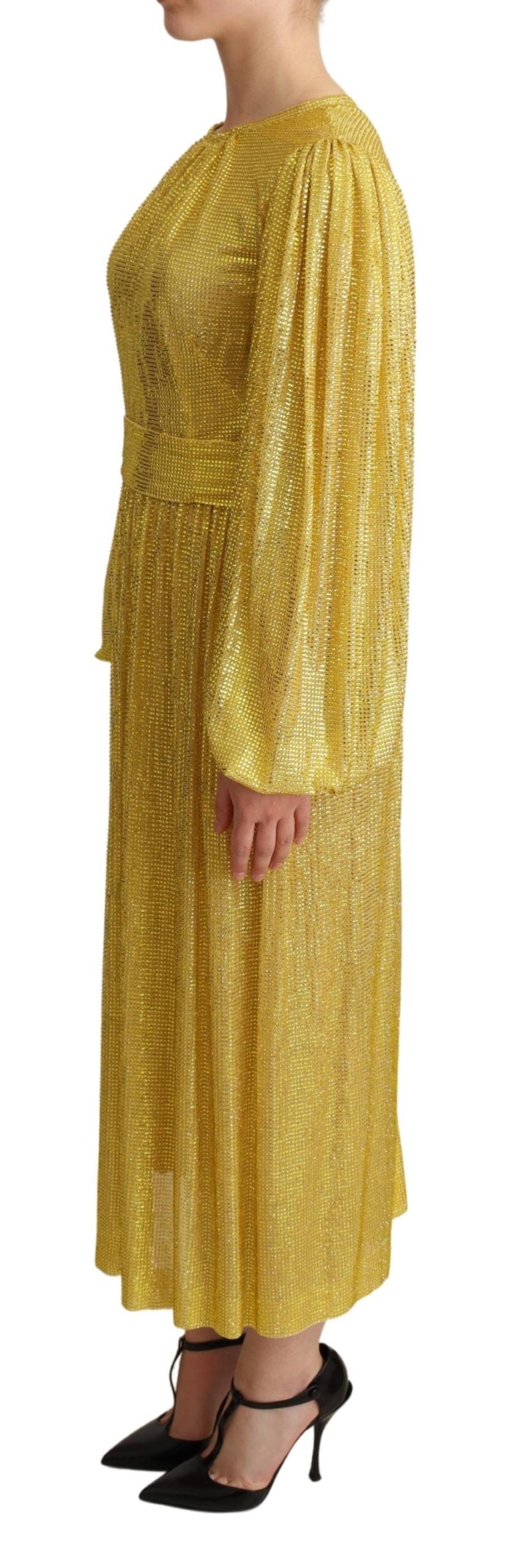 Robe maxi plissée en tulle croisé jaune à cristaux de Dolce &amp; Gabbana