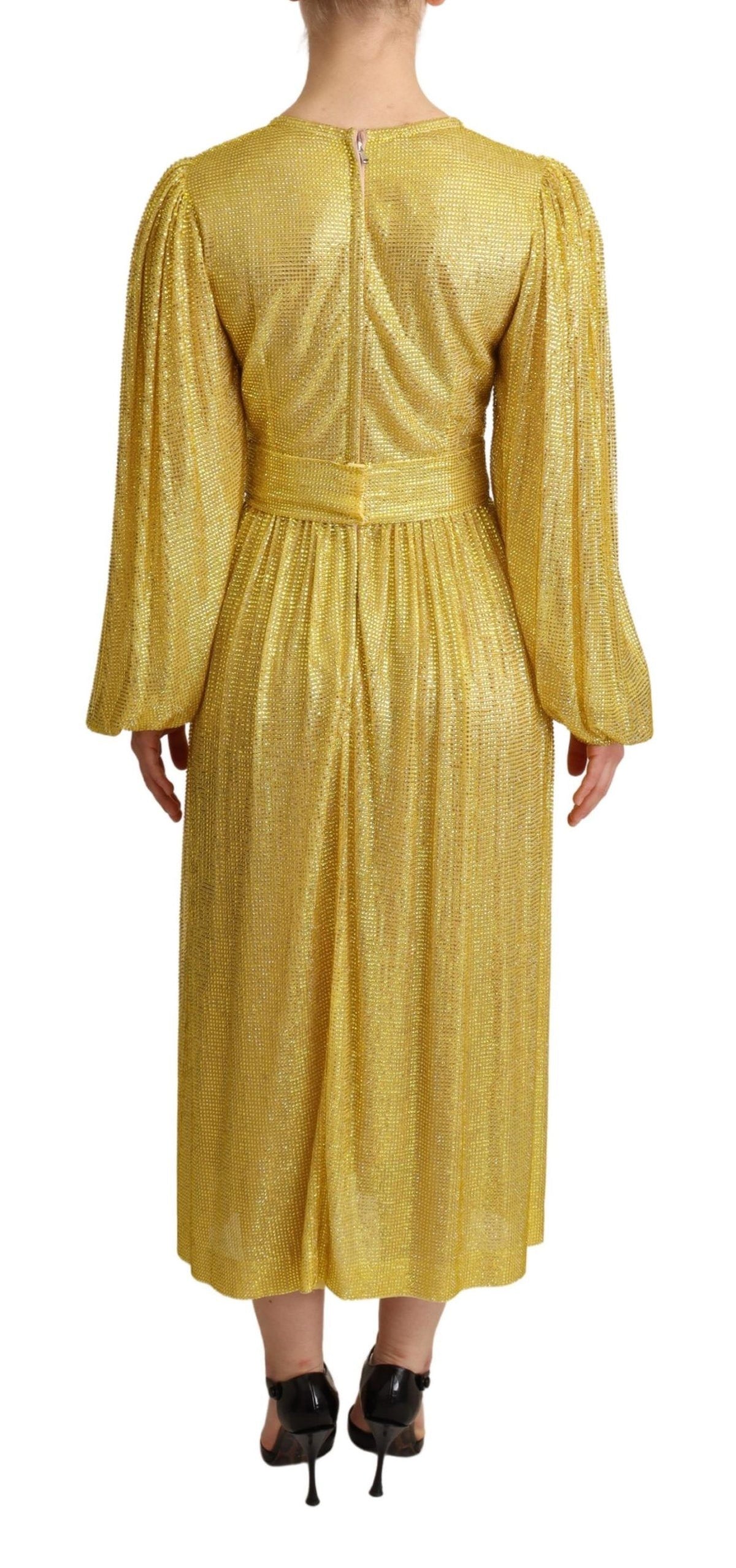 Robe maxi plissée en tulle croisé jaune à cristaux de Dolce &amp; Gabbana