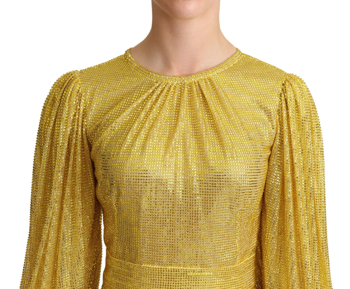Robe maxi plissée en tulle croisé jaune à cristaux de Dolce &amp; Gabbana