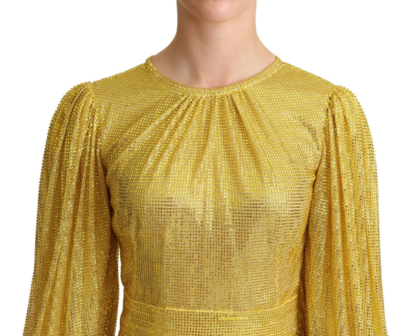 Dolce & Gabbana Yellow Crystal Mesh Pleated Maxi Dress