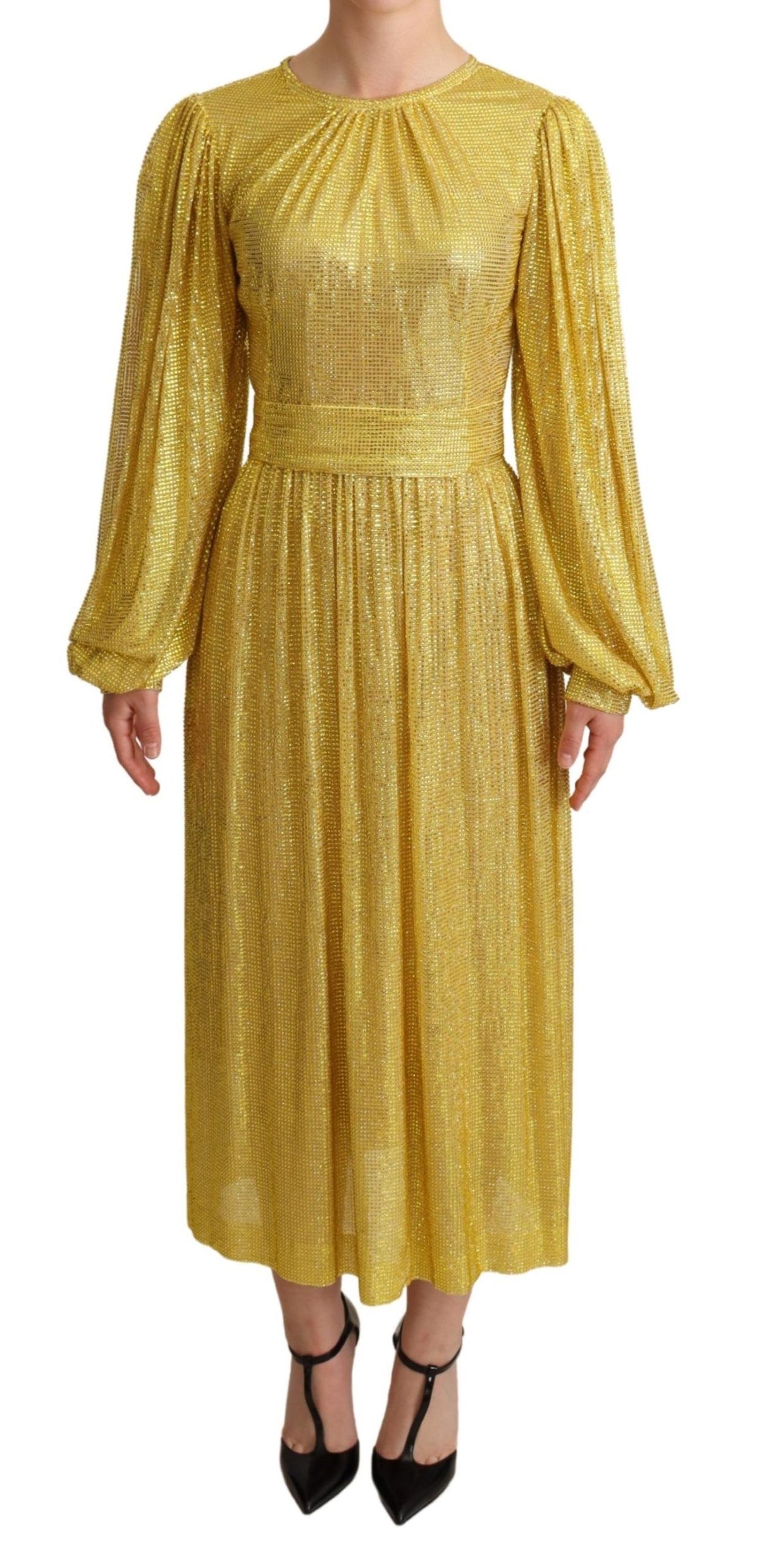 Robe maxi plissée en tulle croisé jaune à cristaux de Dolce &amp; Gabbana