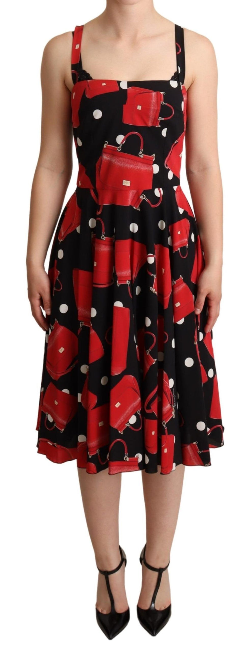 Robe mi-longue trapueuse noire à imprimé rouge du sac de Dolce &amp; Gabbana
