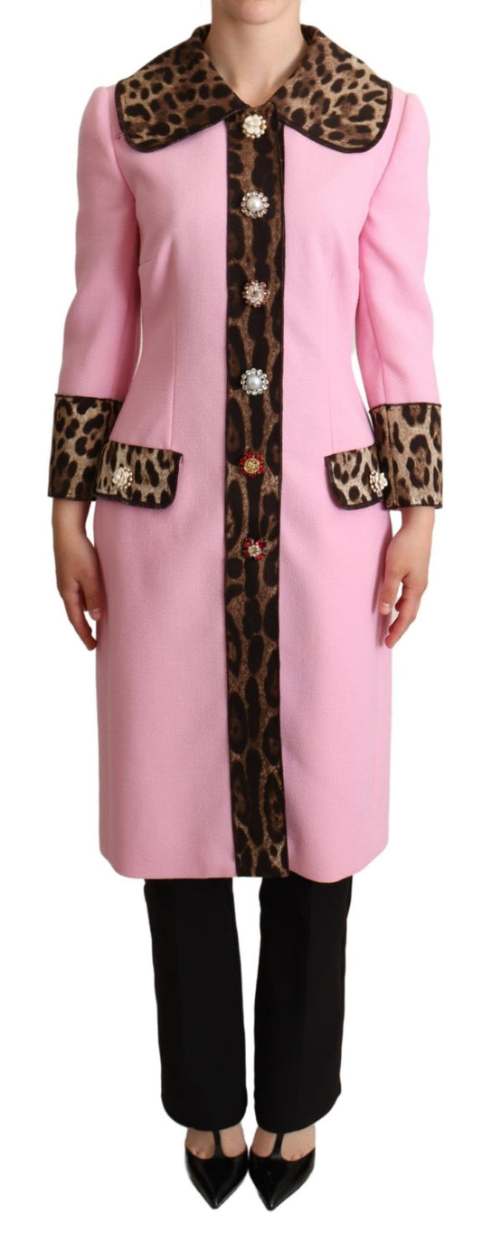 Dolce & Gabbana roze luipaardprinten wollen trenchcoatjas