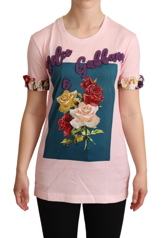 Dolce & Gabbana roze katoenen T-shirt met bloemen en rozen, ronde hals.