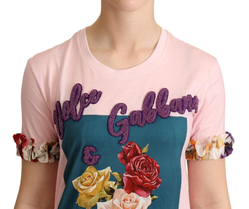 T-shirt à col rond en coton rose à motifs de roses de Dolce &amp; Gabbana