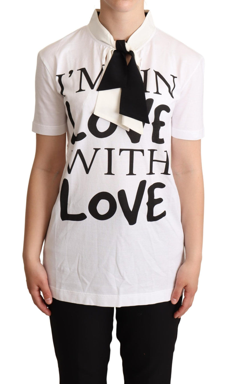 T-shirt Dolce &amp; Gabbana en coton et soie mélangés, col Ascot, blanc.