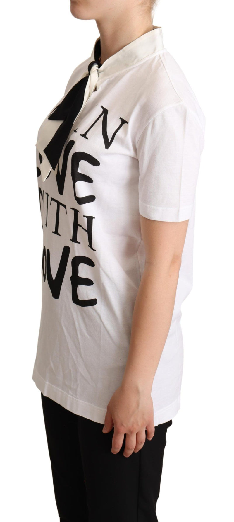 T-shirt Dolce &amp; Gabbana en coton et soie mélangés, col Ascot, blanc.
