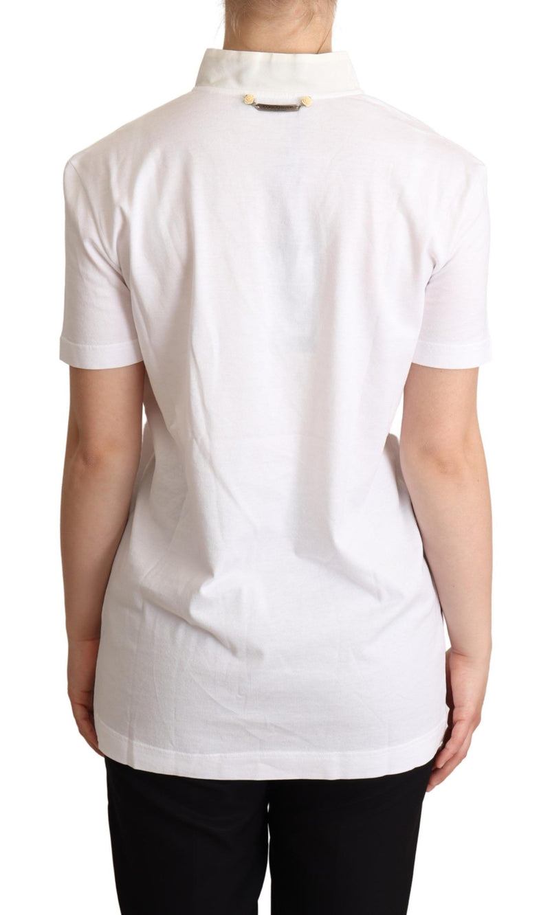 T-shirt Dolce &amp; Gabbana en coton et soie mélangés, col Ascot, blanc.