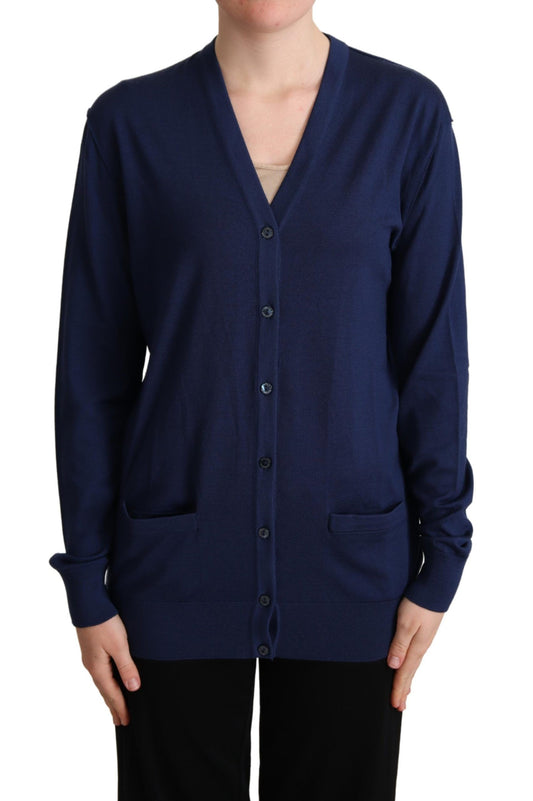 Pull cardigan à boutons en laine vierge bleue de Dolce & Gabbana