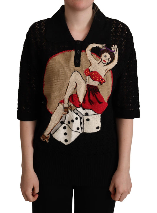 Pull en coton noir brodé à maille de Dolce & Gabbana