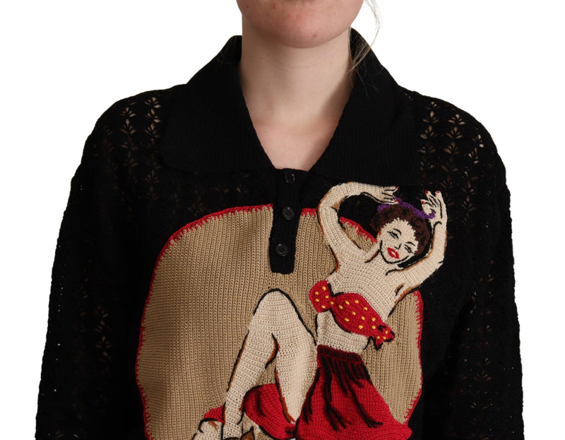 Pull en coton noir brodé à maille de Dolce &amp; Gabbana