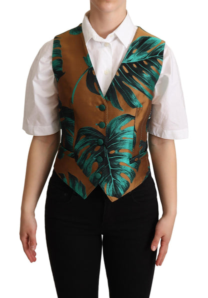 Gilet sans manches vert en jacquard à motifs feuilles dorées de Dolce & Gabbana