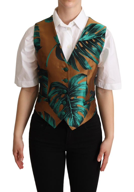 Gilet sans manches vert en jacquard à motifs feuilles dorées de Dolce & Gabbana