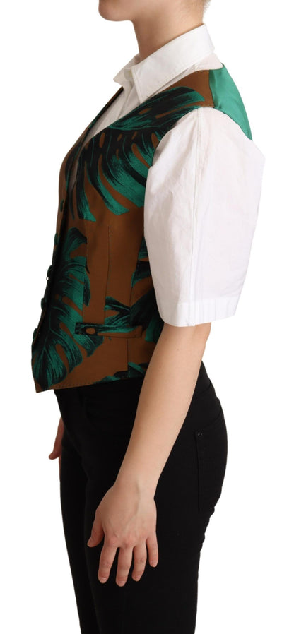 Gilet sans manches vert en jacquard à motifs feuilles dorées de Dolce & Gabbana