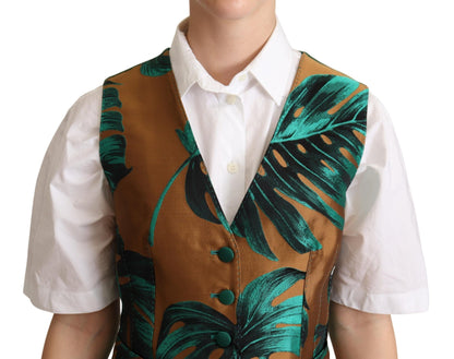 Gilet sans manches vert en jacquard à motifs feuilles dorées de Dolce & Gabbana