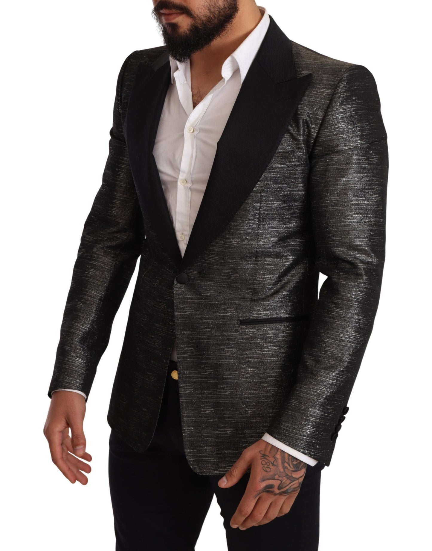 Dolce & Gabbana, blazer de smoking slim gris métallisé noir.
