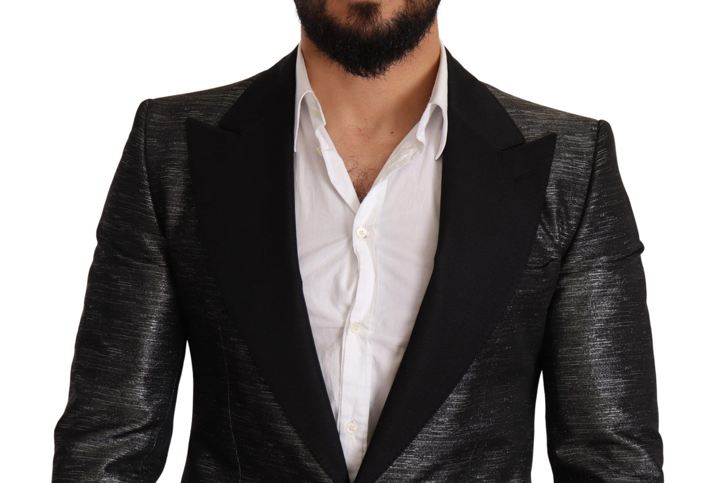 Dolce & Gabbana, blazer de smoking slim gris métallisé noir.