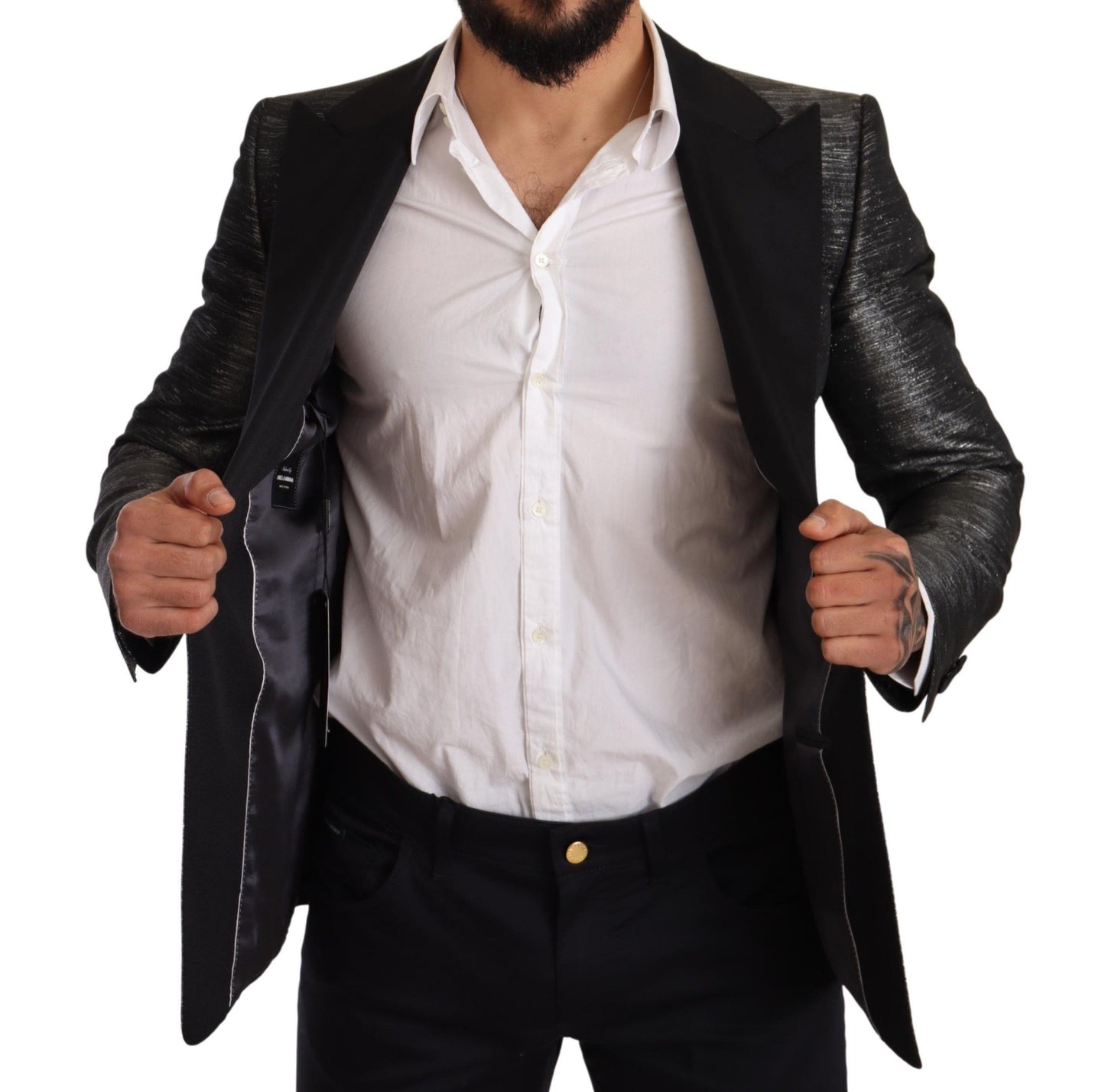 Dolce & Gabbana, blazer de smoking slim gris métallisé noir.